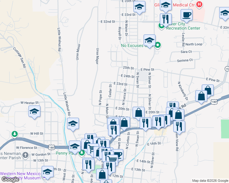map of restaurants, bars, coffee shops, grocery stores, and more near 2111 North Juniper Avenue in Silver City