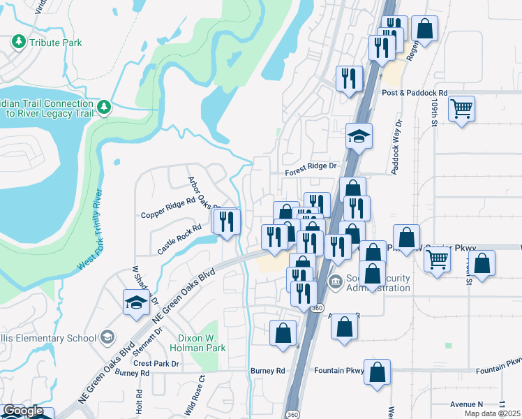 map of restaurants, bars, coffee shops, grocery stores, and more near 2508 Forest Point Drive in Arlington