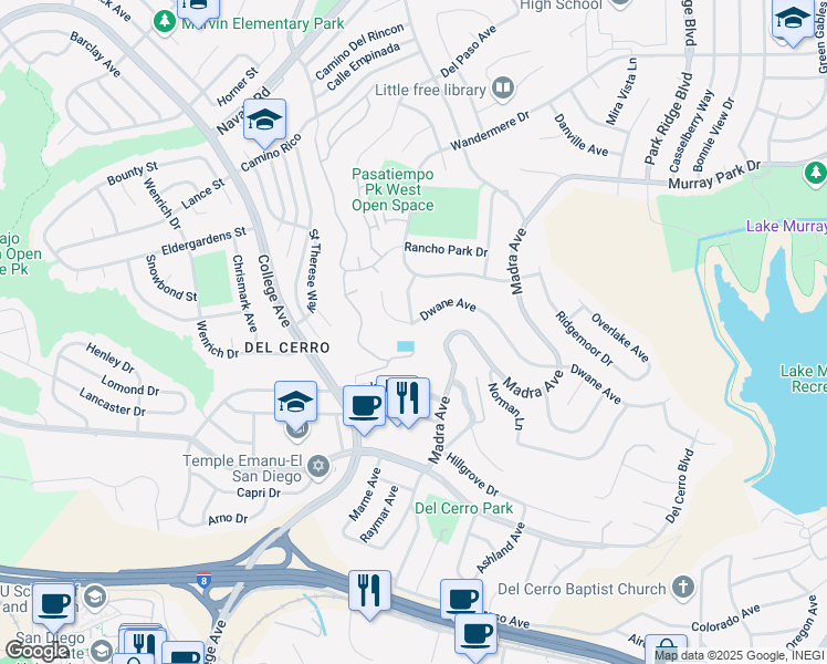 map of restaurants, bars, coffee shops, grocery stores, and more near 6371 Dwane Avenue in San Diego