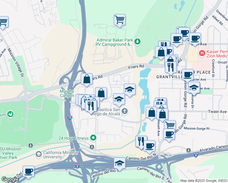 map of restaurants, bars, coffee shops, grocery stores, and more near 6275 Rancho Mission Road in San Diego