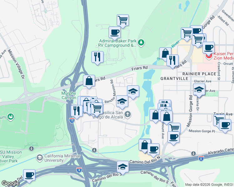 map of restaurants, bars, coffee shops, grocery stores, and more near 6255 Rancho Mission Road in San Diego