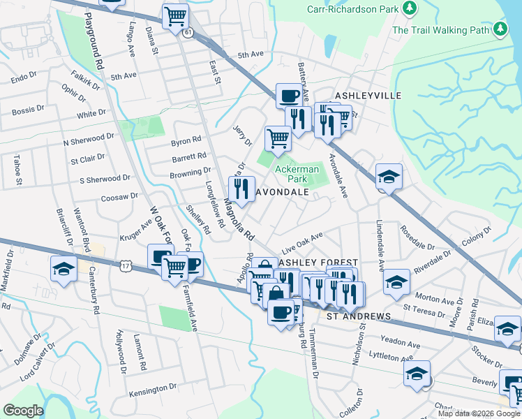 map of restaurants, bars, coffee shops, grocery stores, and more near 8 Tovey Road in Charleston