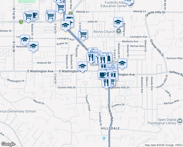 map of restaurants, bars, coffee shops, grocery stores, and more near 1423 East Washington Avenue in El Cajon