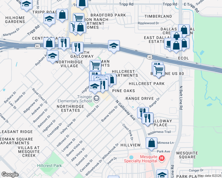 map of restaurants, bars, coffee shops, grocery stores, and more near 1800 North Galloway Avenue in Mesquite