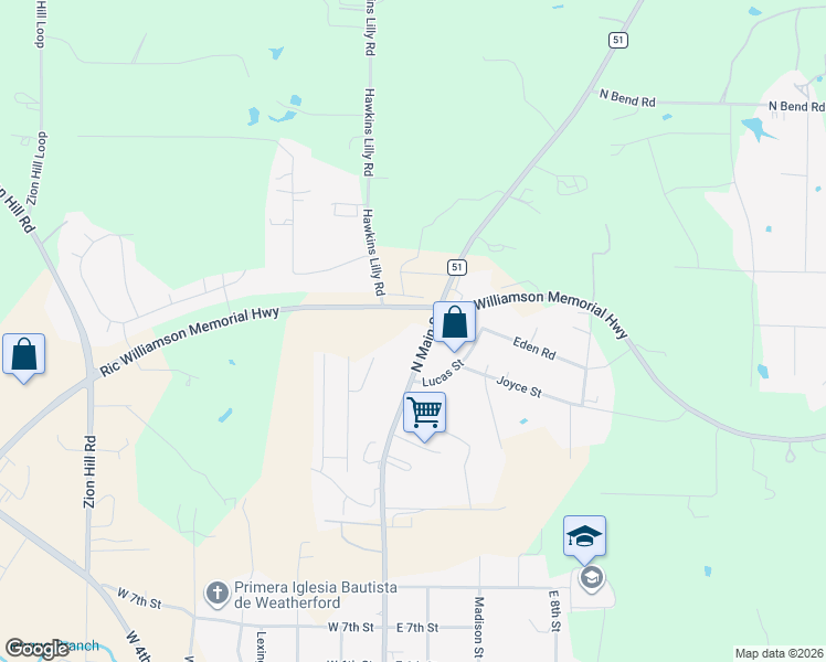 map of restaurants, bars, coffee shops, grocery stores, and more near 1917 North Highway in Weatherford