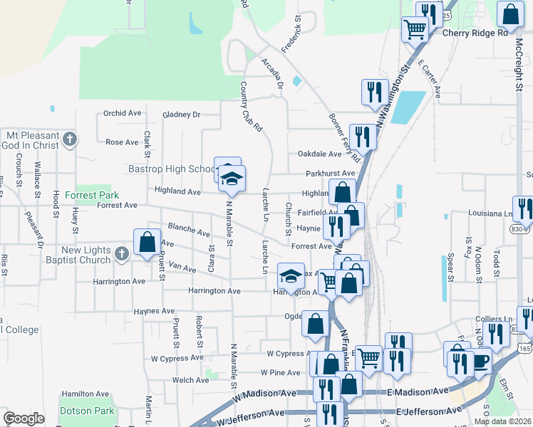 map of restaurants, bars, coffee shops, grocery stores, and more near 999 Larche Lane in Bastrop