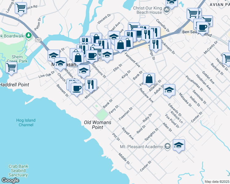 map of restaurants, bars, coffee shops, grocery stores, and more near 515 Bank Street in Mount Pleasant