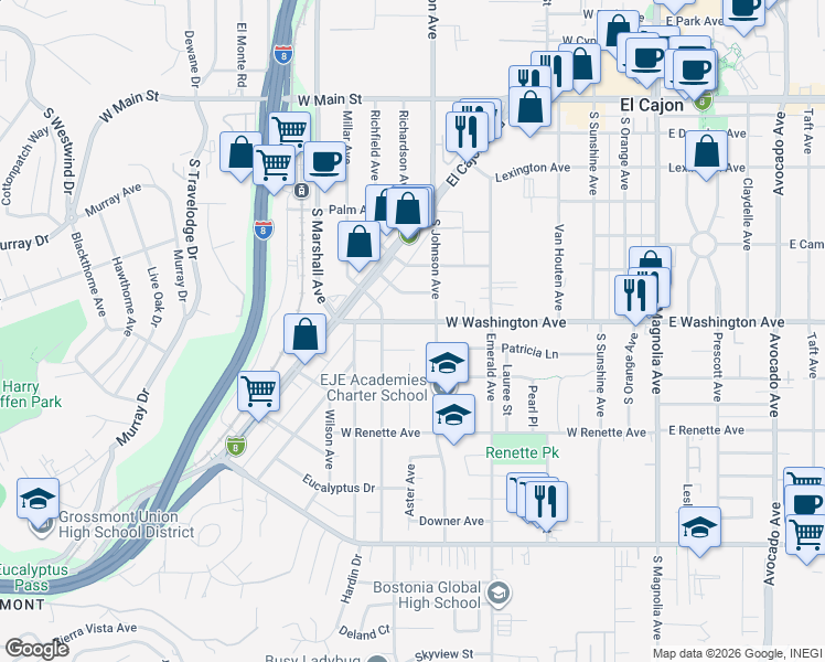 map of restaurants, bars, coffee shops, grocery stores, and more near 795 West Washington Avenue in El Cajon
