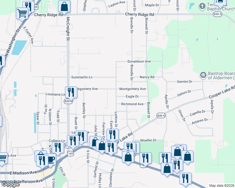 map of restaurants, bars, coffee shops, grocery stores, and more near 1610 Eagle Drive in Bastrop