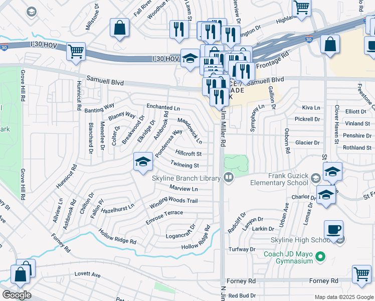 map of restaurants, bars, coffee shops, grocery stores, and more near 5706 Hillcroft Street in Dallas