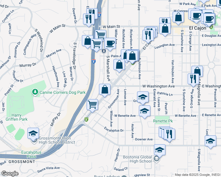 map of restaurants, bars, coffee shops, grocery stores, and more near 725 El Cajon Boulevard in El Cajon
