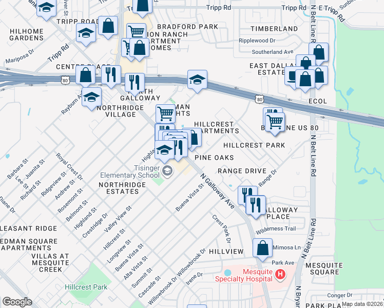 map of restaurants, bars, coffee shops, grocery stores, and more near 1800 North Galloway Avenue in Mesquite