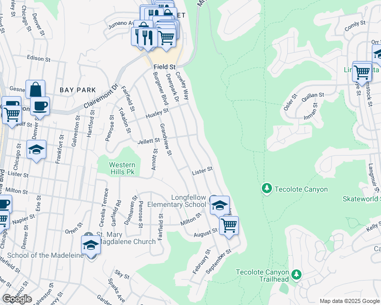 map of restaurants, bars, coffee shops, grocery stores, and more near 2522 Deerpark Drive in San Diego