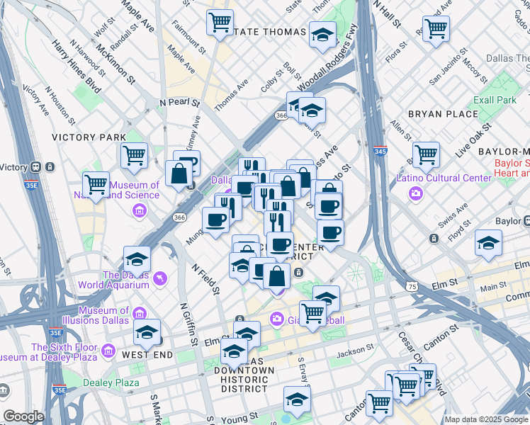 map of restaurants, bars, coffee shops, grocery stores, and more near 2001 Ross Avenue in Dallas