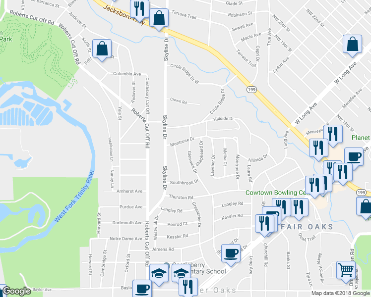 map of restaurants, bars, coffee shops, grocery stores, and more near 1821 Glenwick Drive in Fort Worth