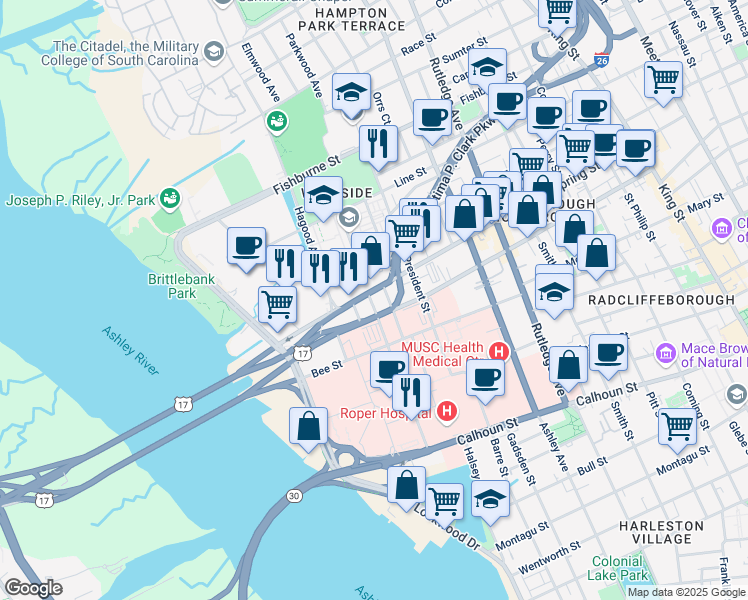 map of restaurants, bars, coffee shops, grocery stores, and more near 94 Courtenay Drive in Charleston