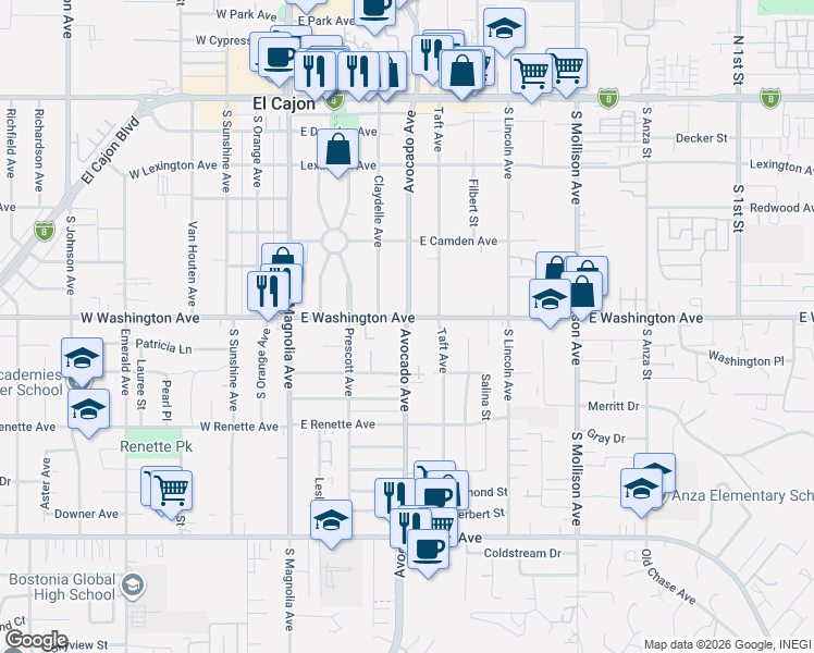 map of restaurants, bars, coffee shops, grocery stores, and more near 700 Avocado Avenue in El Cajon