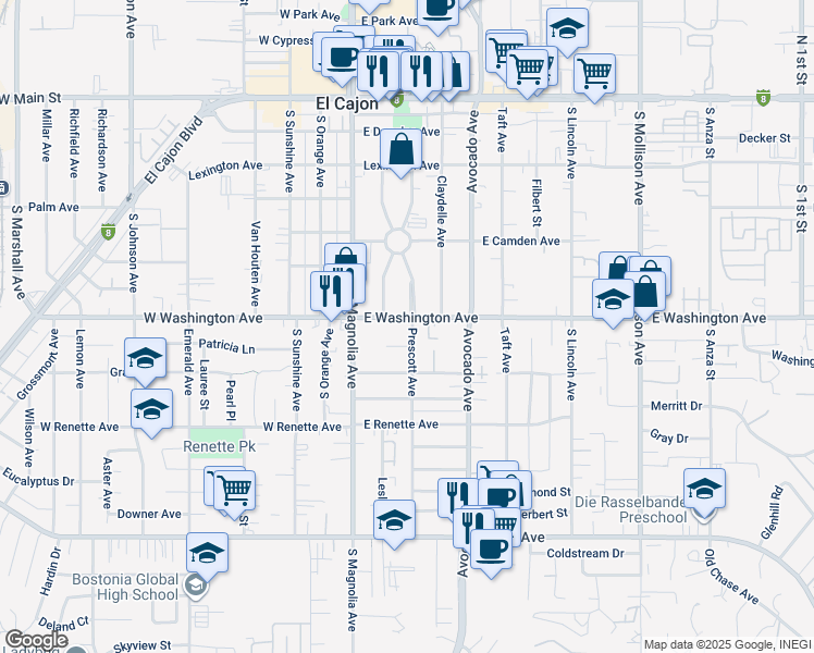 map of restaurants, bars, coffee shops, grocery stores, and more near 749 Prescott Avenue in El Cajon