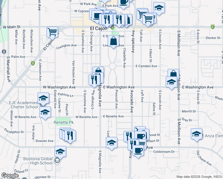 map of restaurants, bars, coffee shops, grocery stores, and more near 152 Danner Place in El Cajon