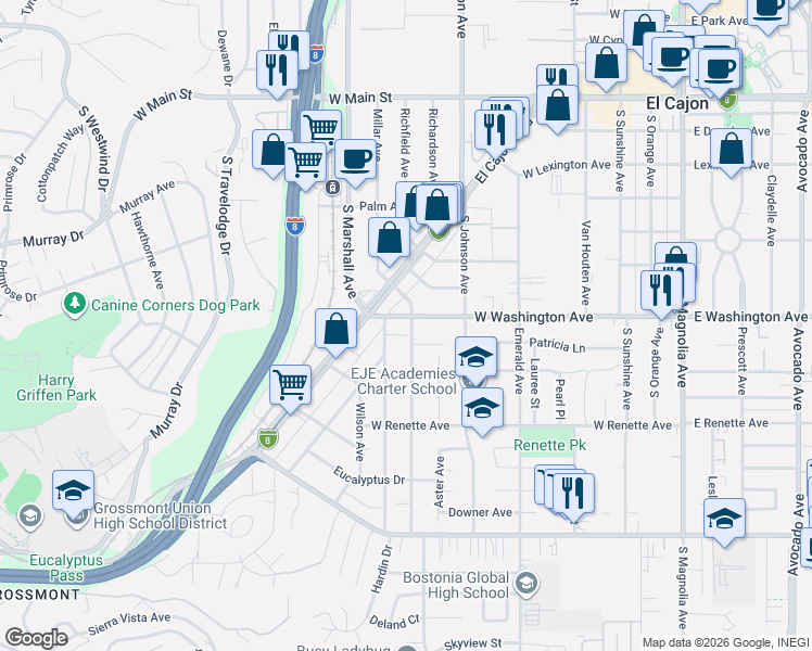 map of restaurants, bars, coffee shops, grocery stores, and more near 744 Lemon Avenue in El Cajon