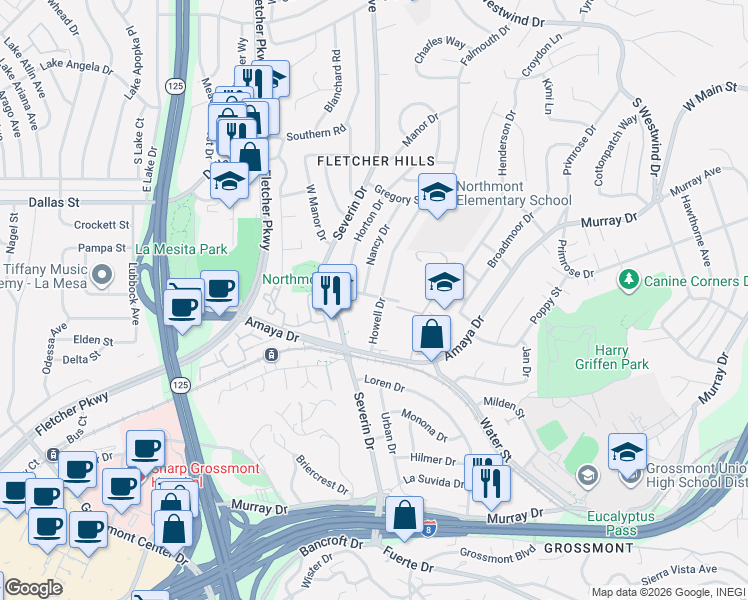 map of restaurants, bars, coffee shops, grocery stores, and more near 5981 Howell Drive in La Mesa