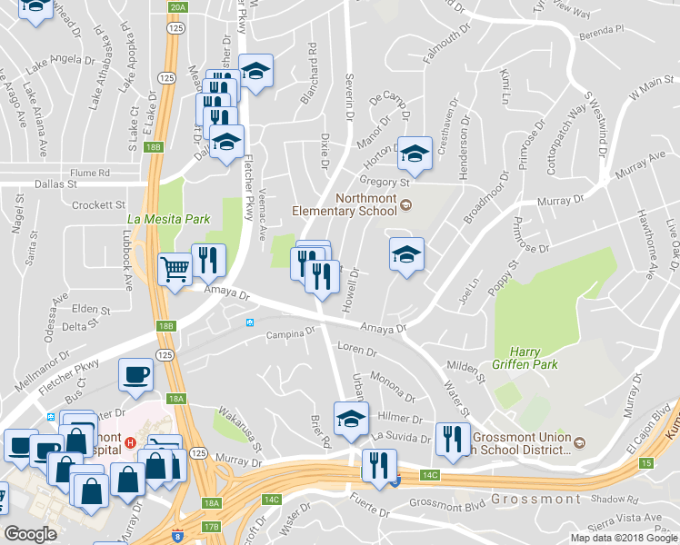 map of restaurants, bars, coffee shops, grocery stores, and more near 5981 Howell Drive in La Mesa