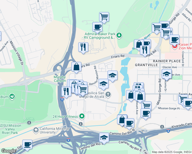 map of restaurants, bars, coffee shops, grocery stores, and more near 6255 Rancho Mission Road in San Diego