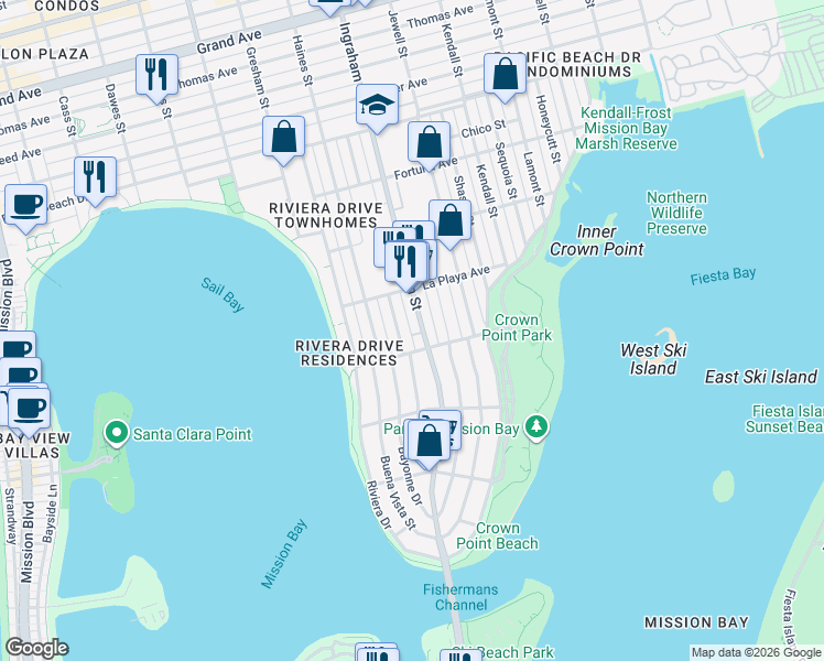 map of restaurants, bars, coffee shops, grocery stores, and more near 3700 Ingraham Street in San Diego