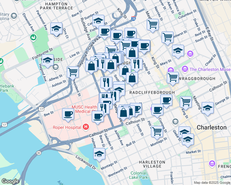map of restaurants, bars, coffee shops, grocery stores, and more near 174 Rutledge Avenue in Charleston