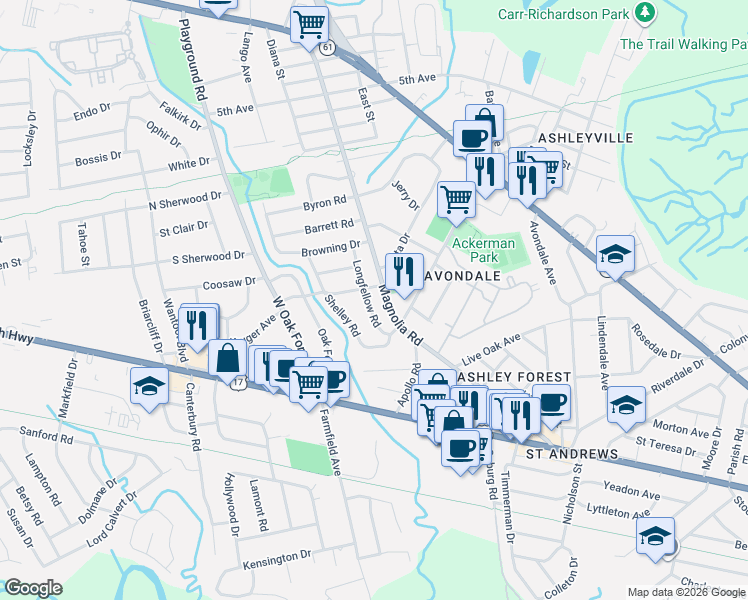 map of restaurants, bars, coffee shops, grocery stores, and more near 716 Longfellow Road in Charleston