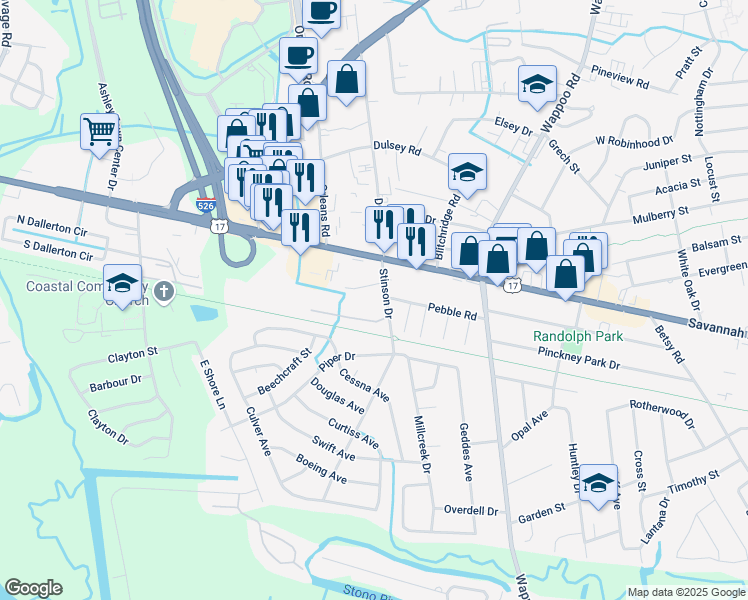 map of restaurants, bars, coffee shops, grocery stores, and more near 525 Stinson Drive in Charleston