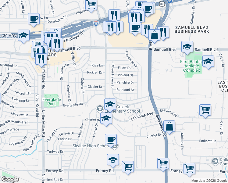 map of restaurants, bars, coffee shops, grocery stores, and more near 5108 Clover Haven Street in Dallas
