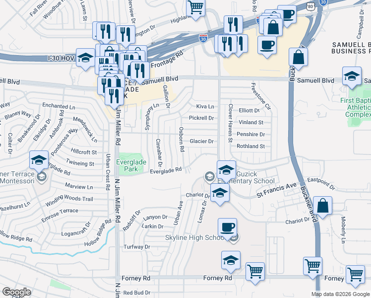 map of restaurants, bars, coffee shops, grocery stores, and more near 4223 Osborn Road in Dallas