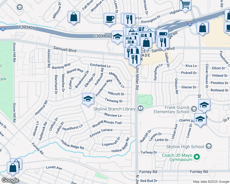 map of restaurants, bars, coffee shops, grocery stores, and more near 5706 Hillcroft Street in Dallas