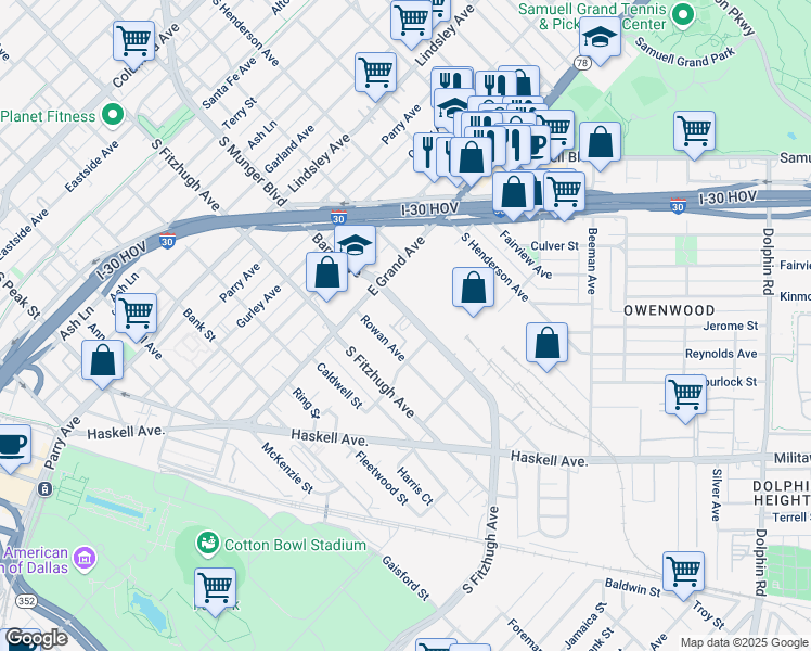 map of restaurants, bars, coffee shops, grocery stores, and more near 1339 Barry Avenue in Dallas