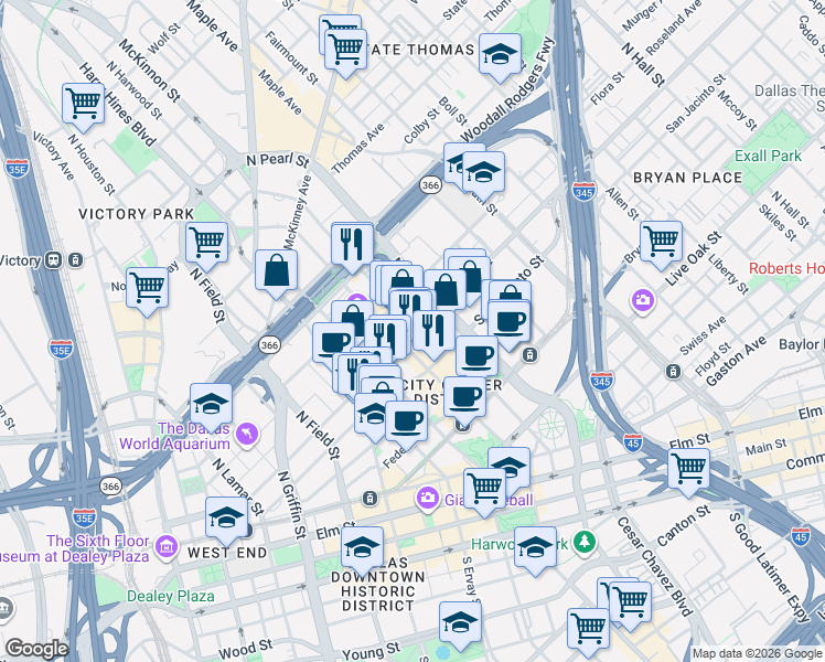 map of restaurants, bars, coffee shops, grocery stores, and more near Dallas North Tollway in Dallas