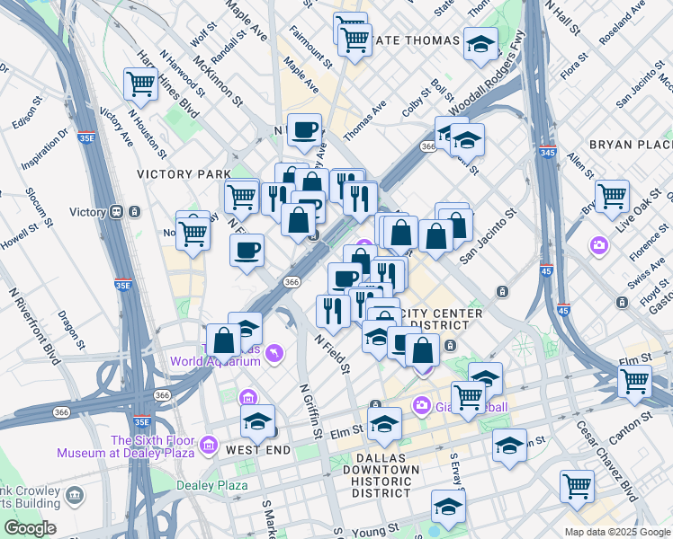 map of restaurants, bars, coffee shops, grocery stores, and more near 1900 Munger Avenue in Dallas