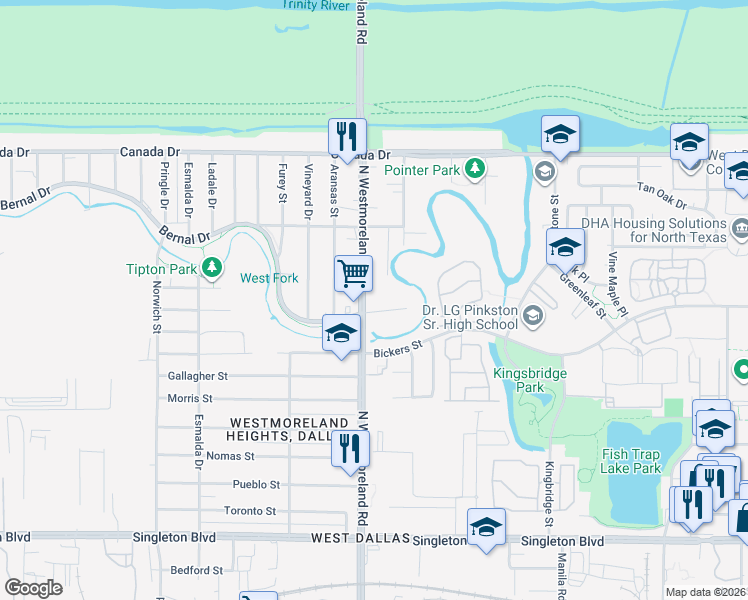 map of restaurants, bars, coffee shops, grocery stores, and more near 3218 Bernal Drive in Dallas