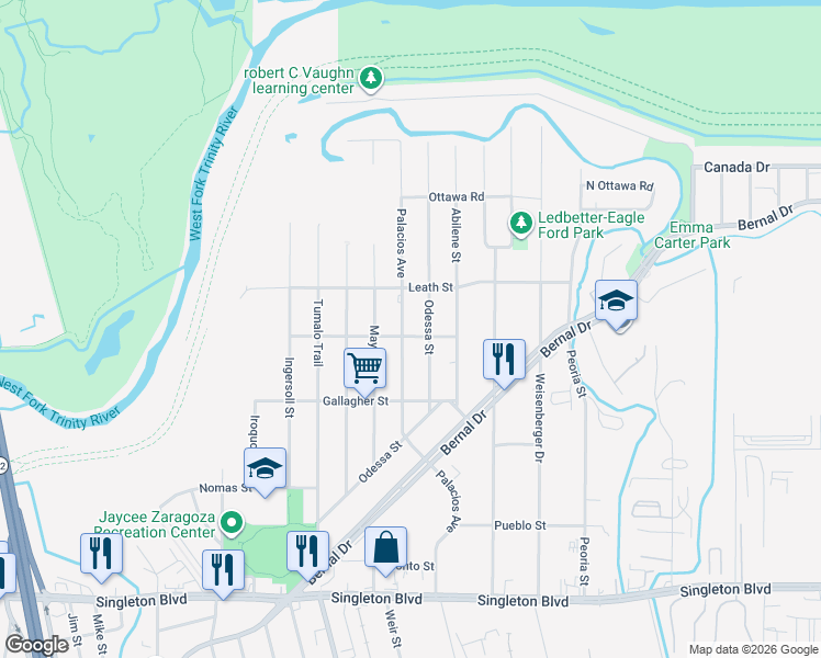 map of restaurants, bars, coffee shops, grocery stores, and more near 3623 Odessa Street in Dallas