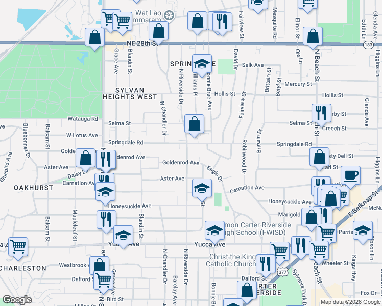map of restaurants, bars, coffee shops, grocery stores, and more near 1925 Eagle Drive in Fort Worth