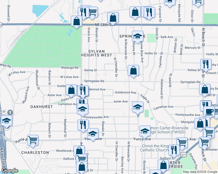 map of restaurants, bars, coffee shops, grocery stores, and more near 2804 Goldenrod Avenue in Fort Worth