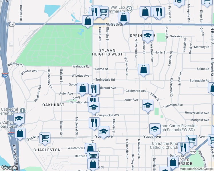 map of restaurants, bars, coffee shops, grocery stores, and more near 2713 Goldenrod Avenue in Fort Worth