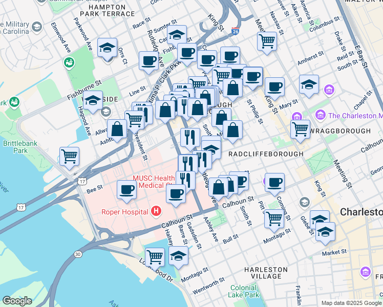 map of restaurants, bars, coffee shops, grocery stores, and more near 0 Bee Street in Charleston