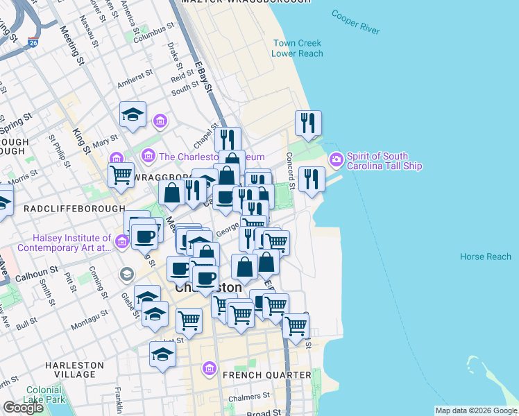 map of restaurants, bars, coffee shops, grocery stores, and more near 334 East Bay Street in Charleston