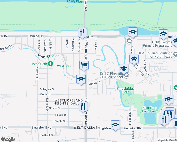 map of restaurants, bars, coffee shops, grocery stores, and more near 3218 Bernal Drive in Dallas
