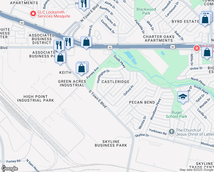 map of restaurants, bars, coffee shops, grocery stores, and more near 1412 Sheffield Court in Mesquite