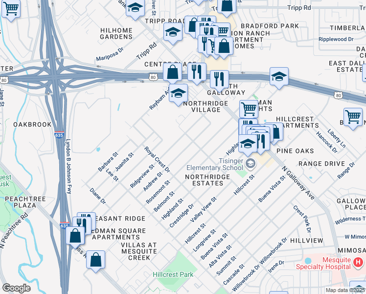 map of restaurants, bars, coffee shops, grocery stores, and more near 1613 Andrew Street in Mesquite