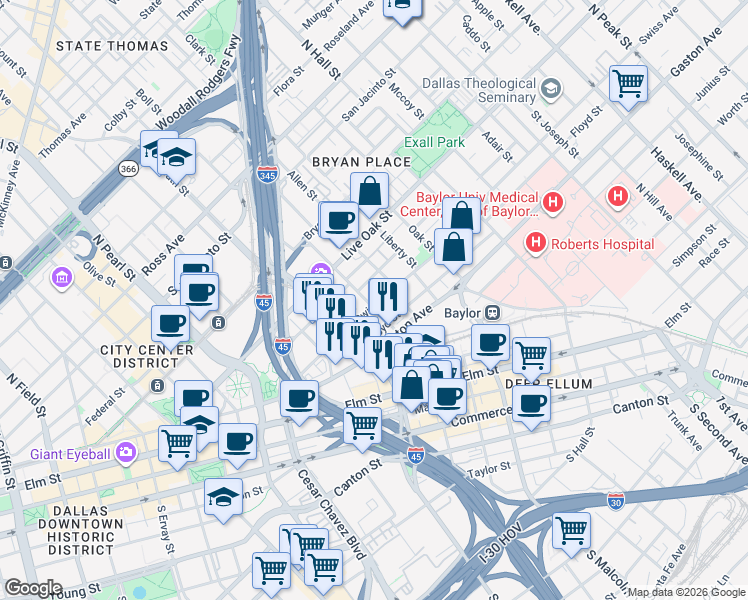 map of restaurants, bars, coffee shops, grocery stores, and more near 2636 Swiss Avenue in Dallas