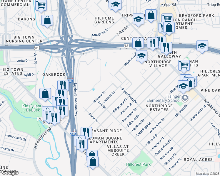 map of restaurants, bars, coffee shops, grocery stores, and more near 1412 Barbara Street in Mesquite