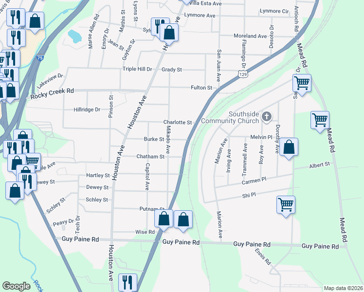 map of restaurants, bars, coffee shops, grocery stores, and more near 851 Chatham Street in Macon